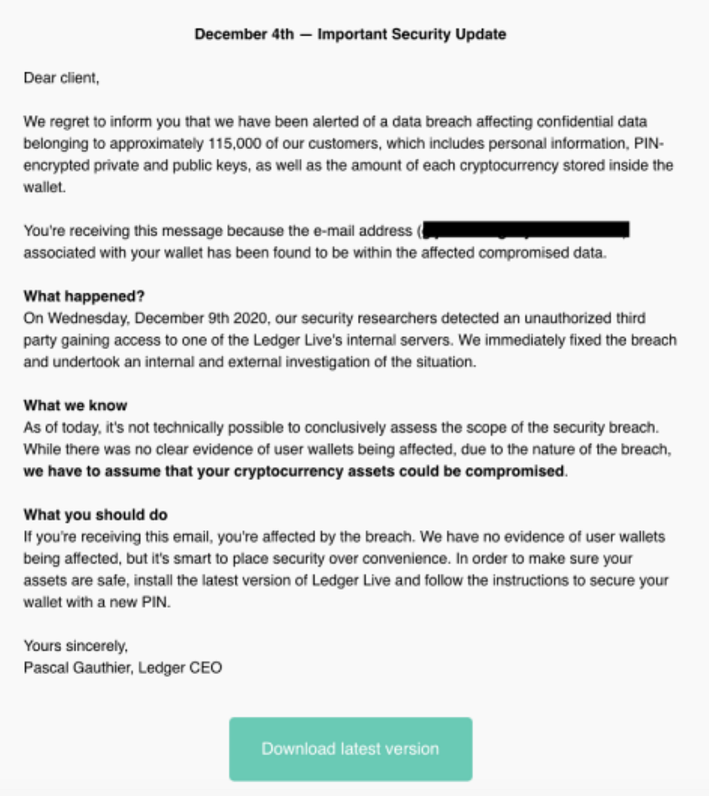 Phishing email linking to malicious cryptocurrency-stealing software