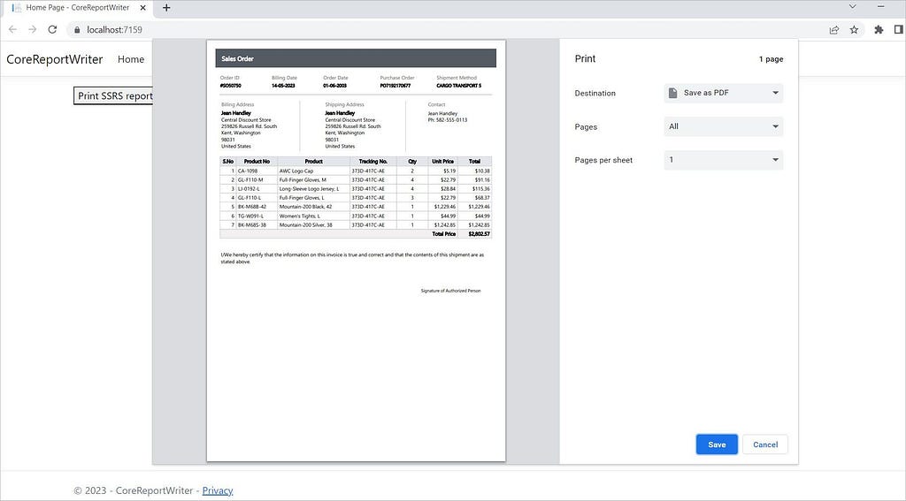 A computer screen displaying the process of printing an SSRS report as a PDF using PrintJS.