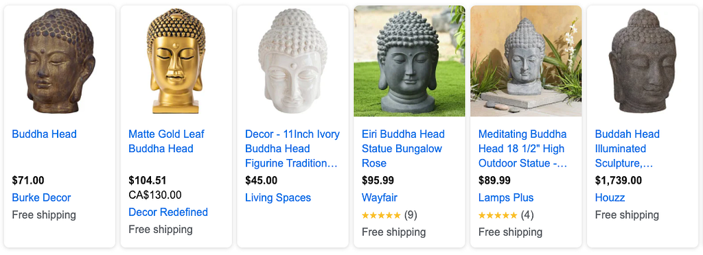 A row of six images of sculptural Buddha heads, each with a caption and price below