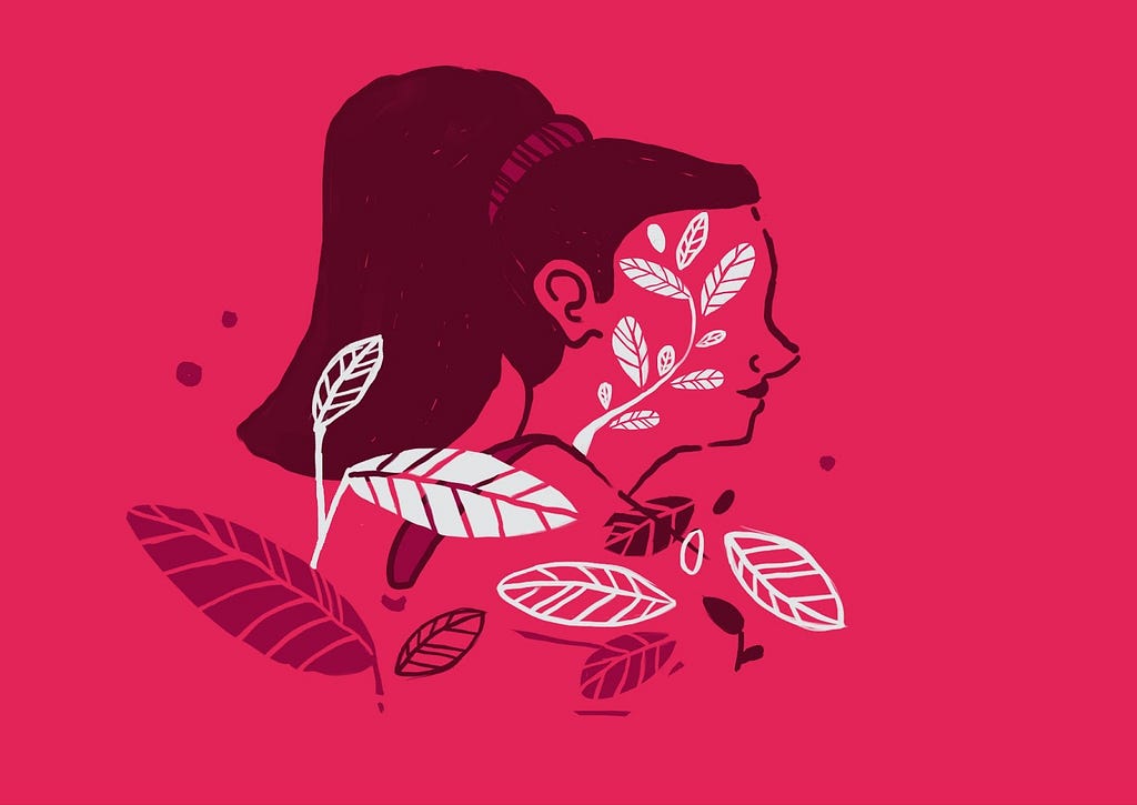 Imagem abstrata do rosto de uma menina, visto de lado, com folhas ao redor e dentro do rosto dela, por cima de um fundo cor de rosa.