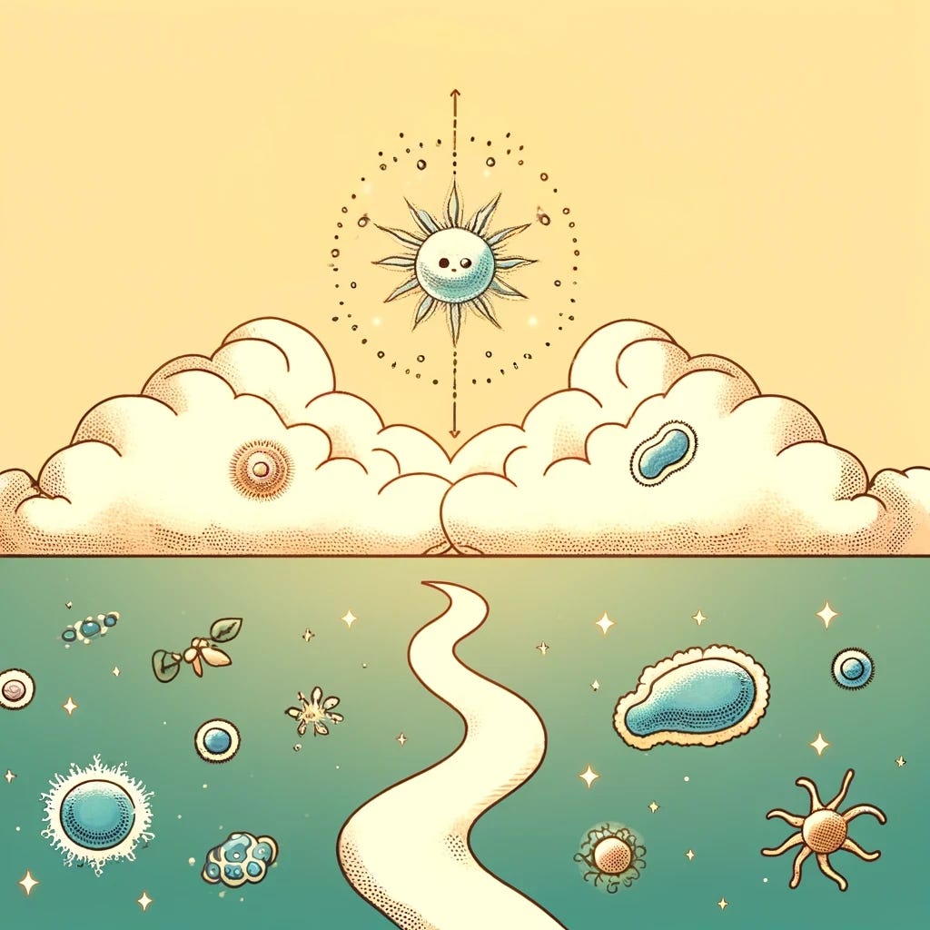 A single-celled god looks down from heaven at the single-celled beings down on earth. an illustration to highlight the ridiculousness of single-celled organisms having a spirit