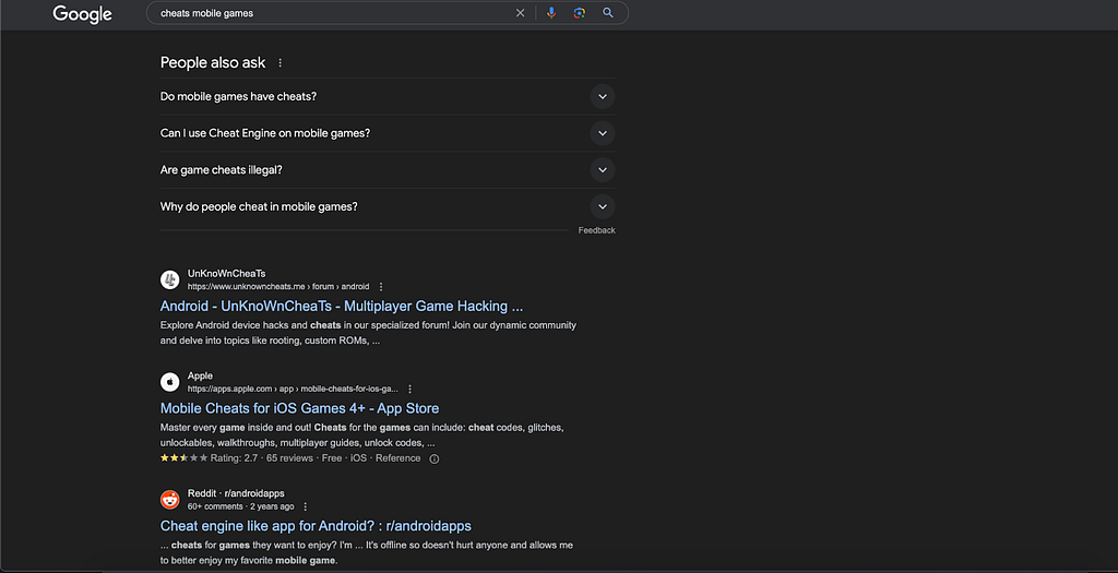 An image that shows the first half of the first page of google when a person searches for cheats for mobile games.