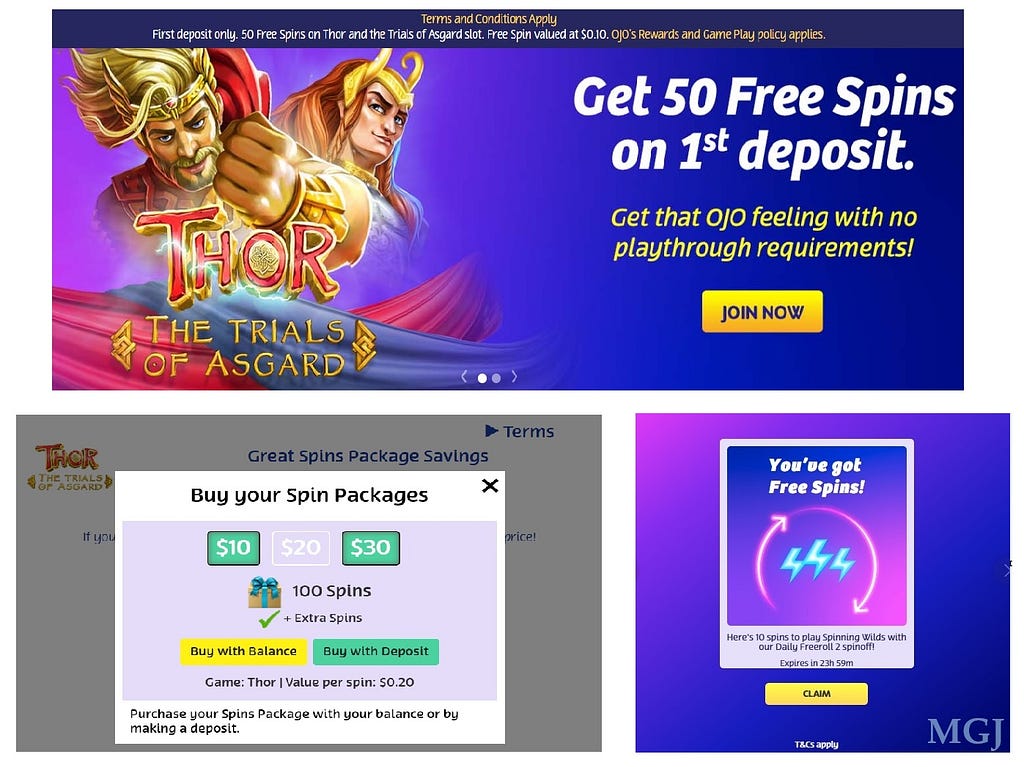 Different Examples of Free Spins promotions — Screenshots from PlayOJO