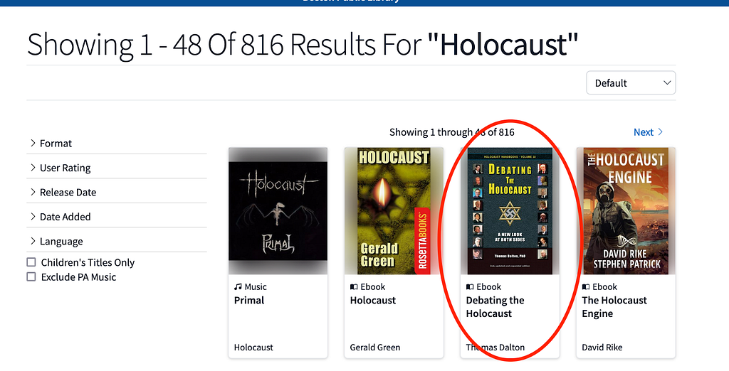 Screenshot from Hoopla Digital showing Holocaust denialism as the third result for “Holocaust”