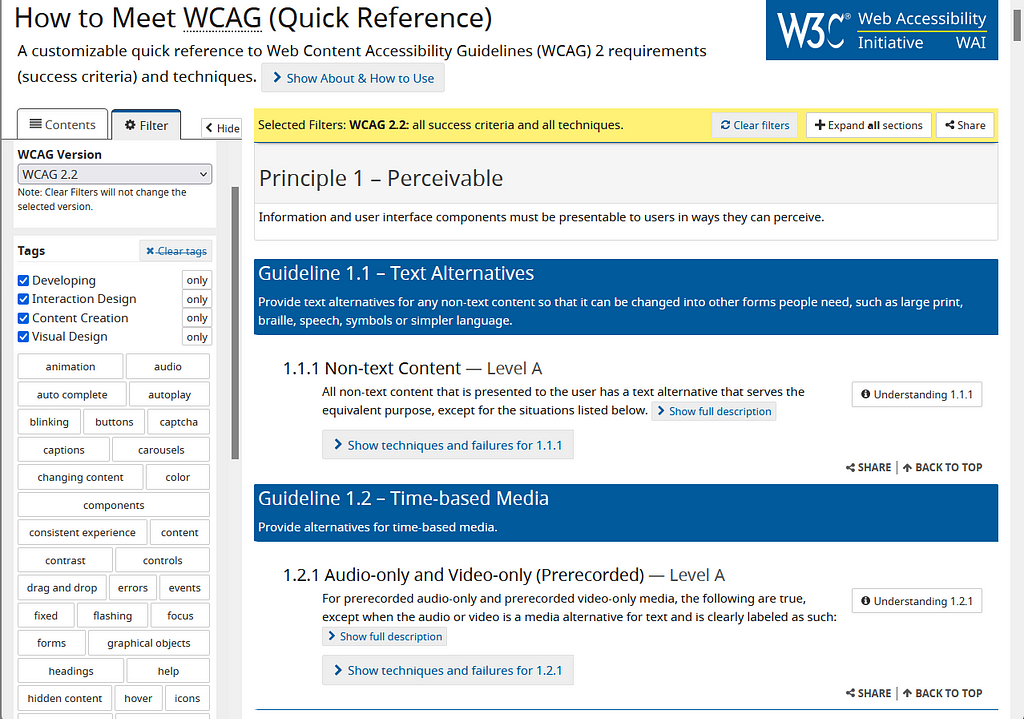 A screenshot of the Web Accessibility Initiative single-page quick reference on how to meet WCAG, showing how you can filter by audience, topic tags, and more