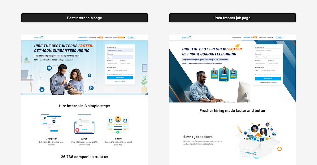 Older designs for ‘post internship’ and ‘post fresher job’ landing pages