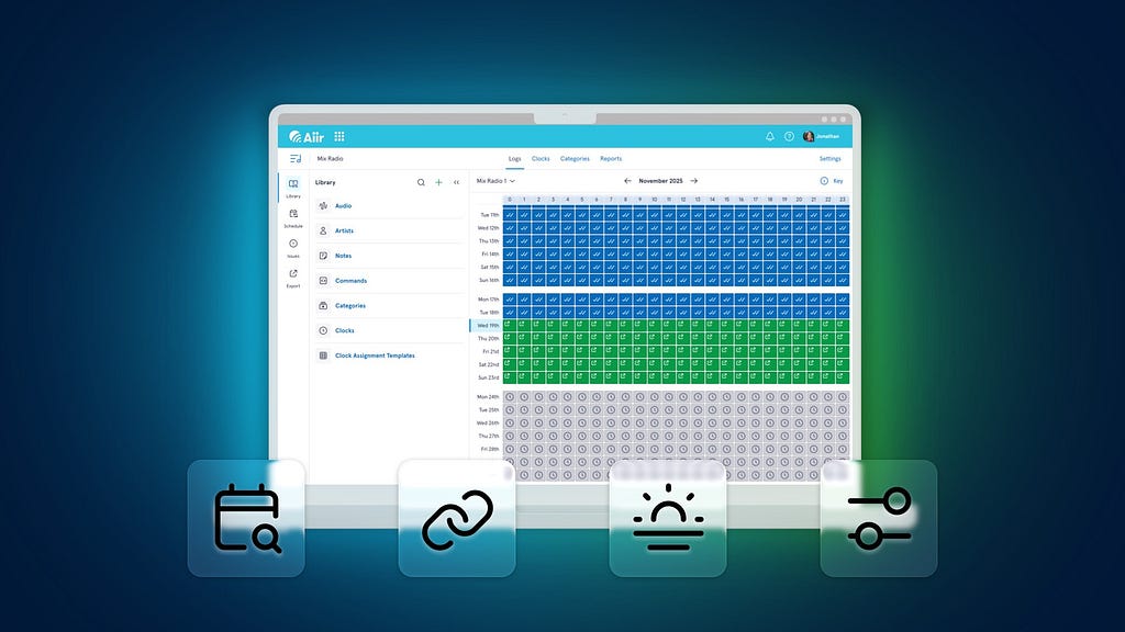 Aiir Scheduler screenshot, with icons representing a calendar, chain link, sunrise and toggles.