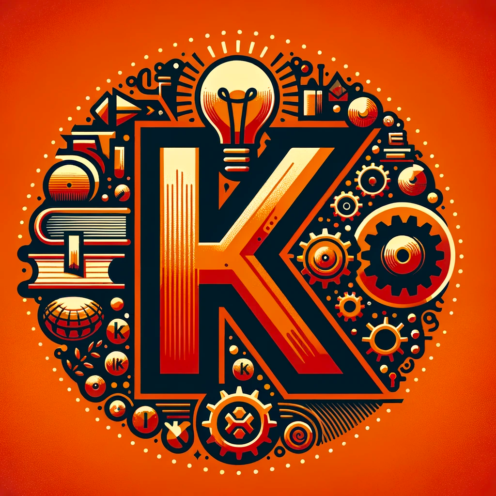 Create a photo-style image with a dominant orange-red color palette. In the center, feature a large, bold letter K. Surround the K with elements representing knowledge, such as books, a glowing light bulb, and gears symbolizing cognition. Integrate a subtle smile design near or within the K, reminiscent of the Kustomer logo’s smile. The overall design should convey innovation, learning, and intelligence, while ensuring the K and its associated elements stand out in the chosen color palette.