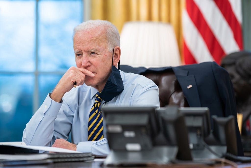 President Joe Biden participates in a conference phone call with governors affected by a snowstorm in the Midwest and Southwest on Feb. 16, 2021.