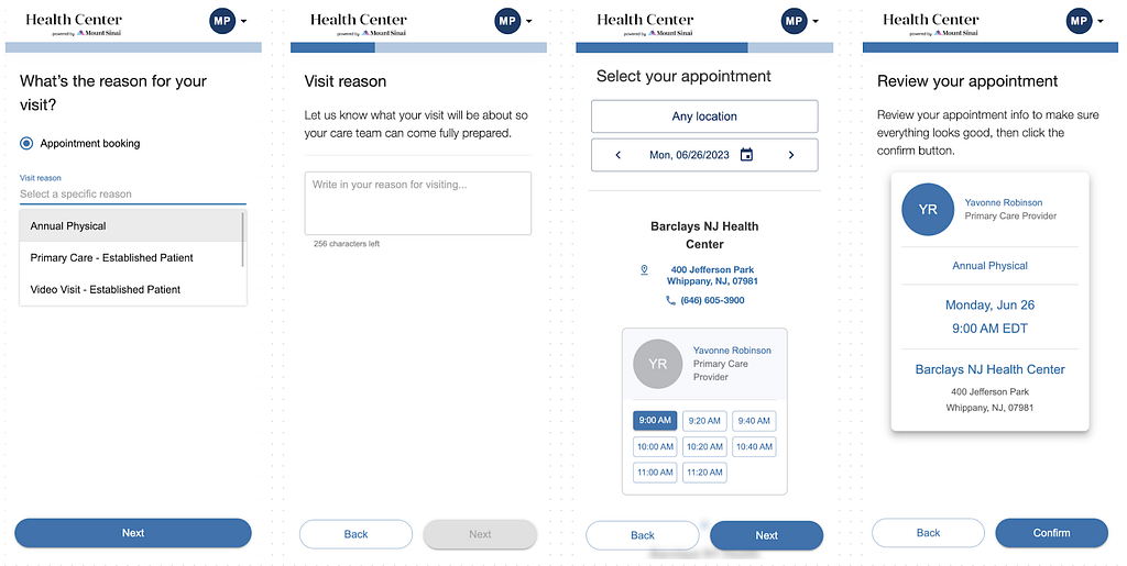 Four app screenshots show steps to select a visit reason, type a reason for visit, selecting a provider and time, and confirmation of an appointment.