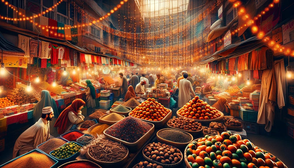 A vibrant and colorful marketplace scene in Pakistan, with stalls laden with Japanese persimmons (Japani Phal), traditional Pakistani spices, textiles, and local fruits under strings of small, festive lights, showcasing a fusion of Japanese and Pakistani cultures