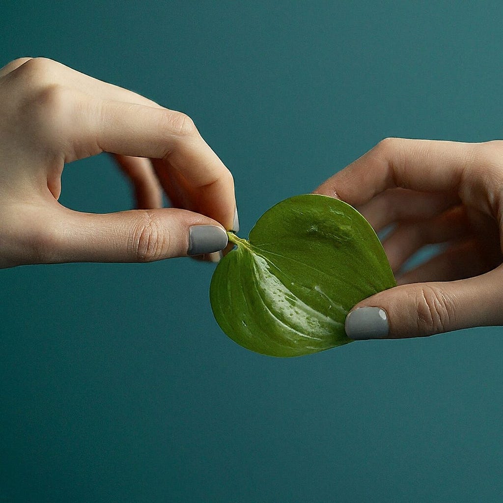 Two hands gently cupping a single green leaf. Symbolic of care and nurturing, representing a shift towards well-being as a measure of success for sustainability.