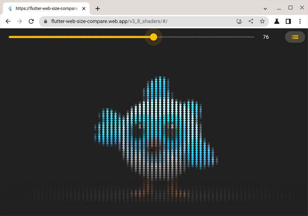 A screenshot of the Chrome web browser, showing a Flutter pixel shader demo. There is an image of Dash, our Flutter mascot, but it has a mosaic-style effect that is adjustable with a slider control.