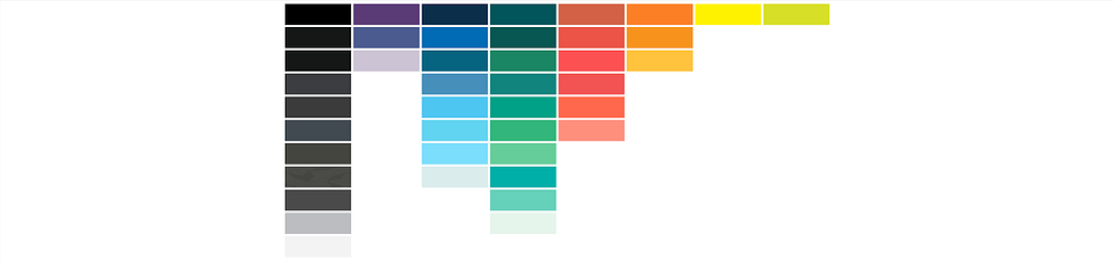 Blocks of color organized in columns for different hues (gray, purple, blue, green, red, orange, yellow), and rows for shades