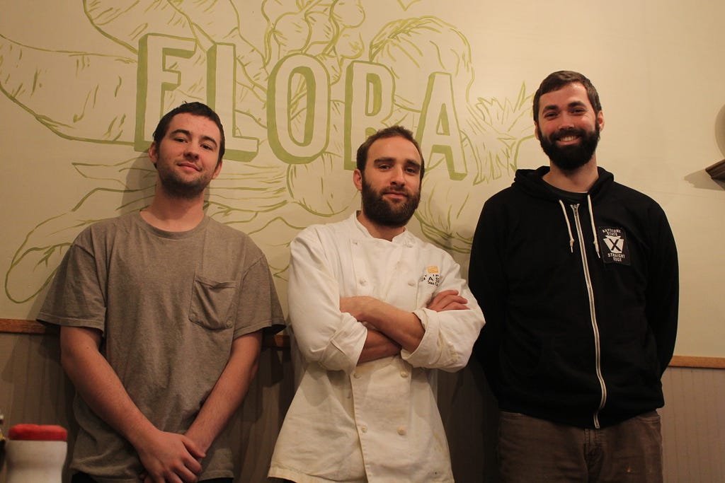 JACK FIRNENO / WIRE PHOTO Pictured left to right are Pat Durison, chef Max Josey and Dan Brightcliffe. Durison and Brightcliffe, both 24, are partners of Flora restaurant in Jenkintown.