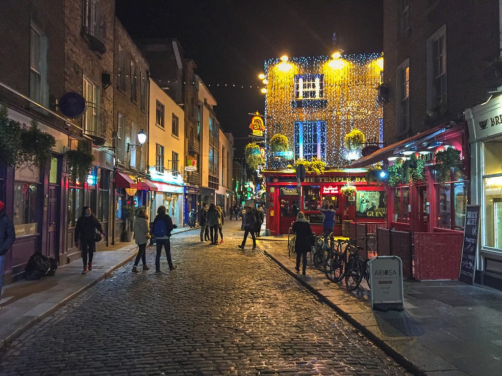 People on a street in Dublin, Ireland during the night