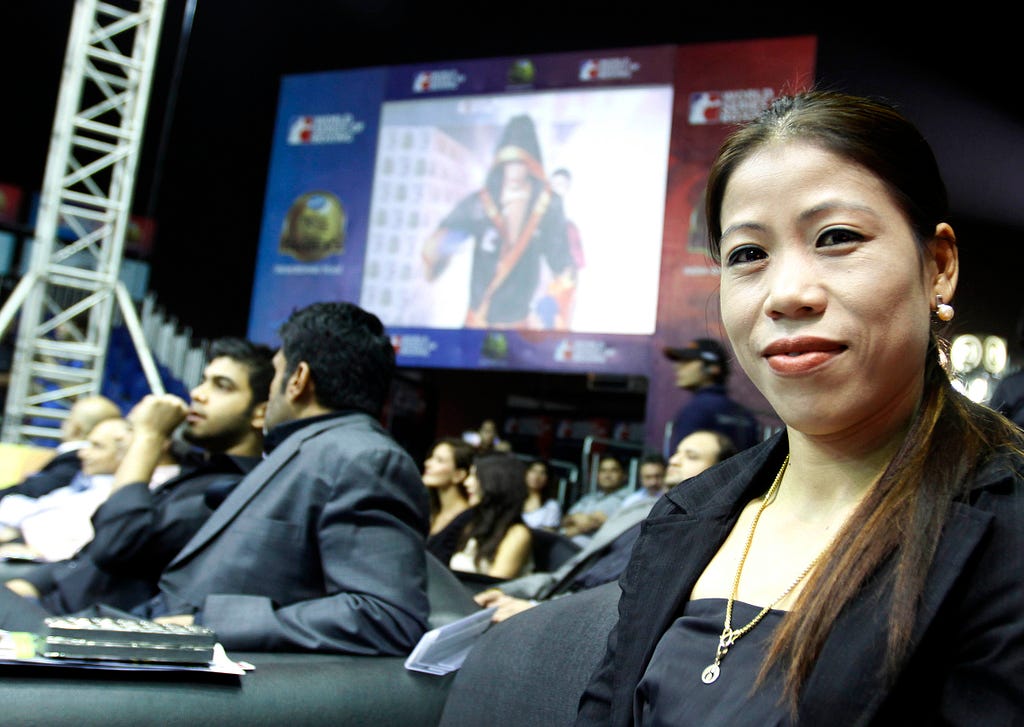 Indian women boxer Mary Kom during the World Series Boxing competition in Mumbai, India on March 2, 2012, where Venky's Mumbai Fighters boxers take on Baku Fires. The Indian franchise, owned by TransStadia Boxing India Pvt. Ltd., is part of 12 teams from across the world competing in WSB, an event organised by the boxing world body, AIBA. (Srinivas Akella/SOLARIS IMAGES)