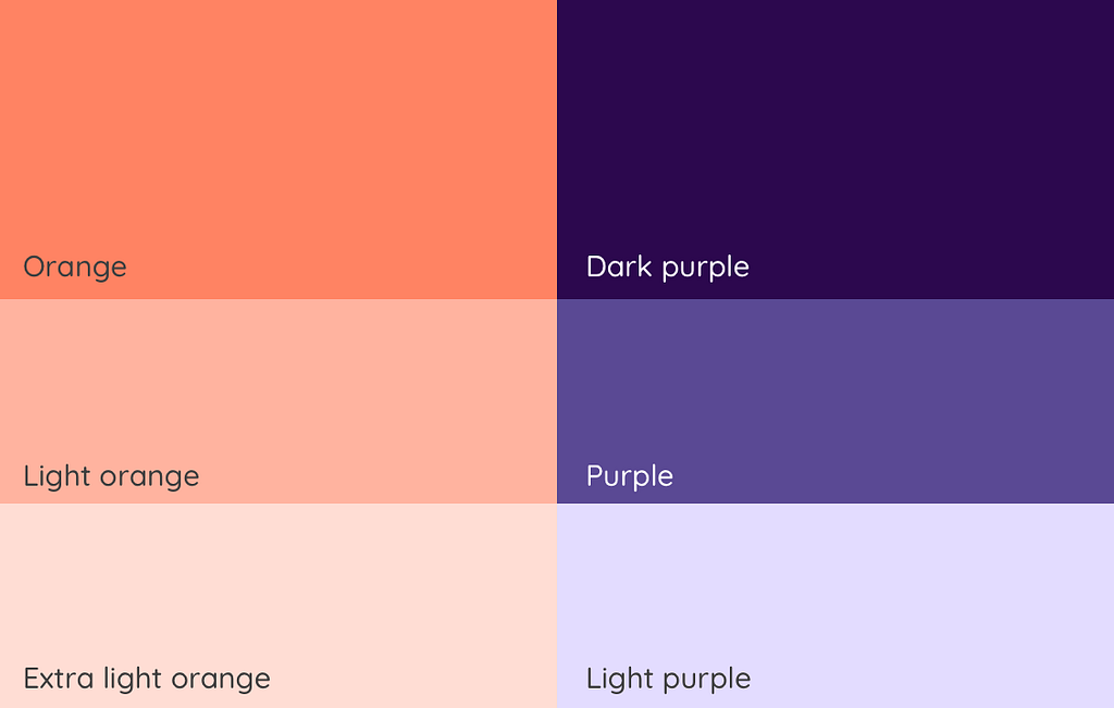 Three variants of orange and three variants of purple.