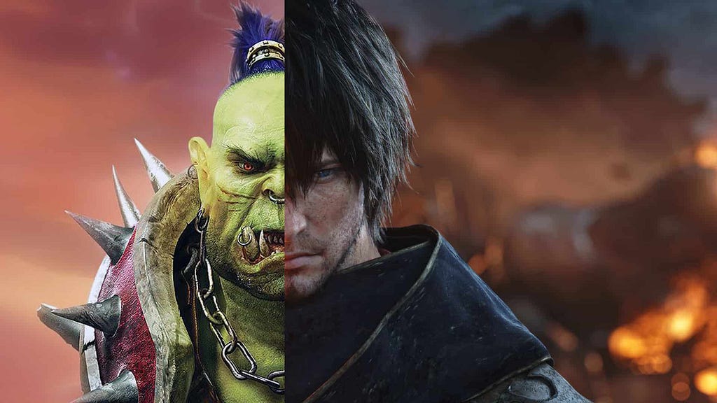 Orc from World of Warcraft looking aggressively into the camera and a Hyur from Final Fantasy looking intensely into the camera