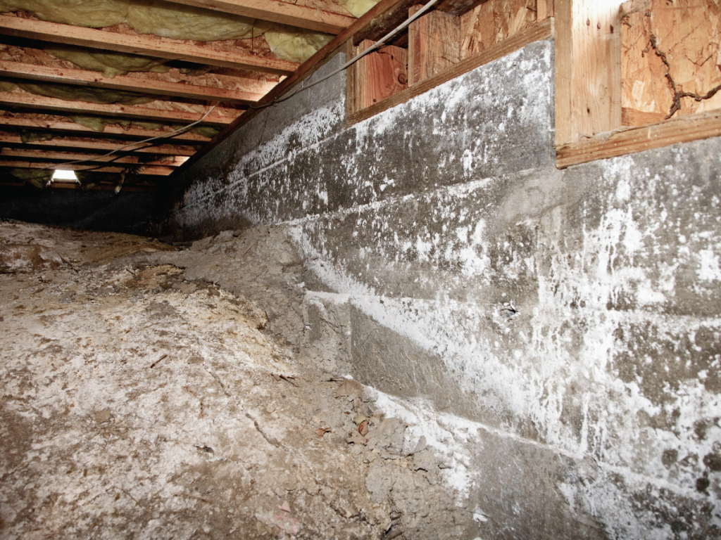 Under-house crawl space showing signs of moisture issues with efflorescence on concrete walls and evidence of soil expansion, highlighting the need for crawl space encapsulation and waterproofing services to prevent mold growth and structural damage.