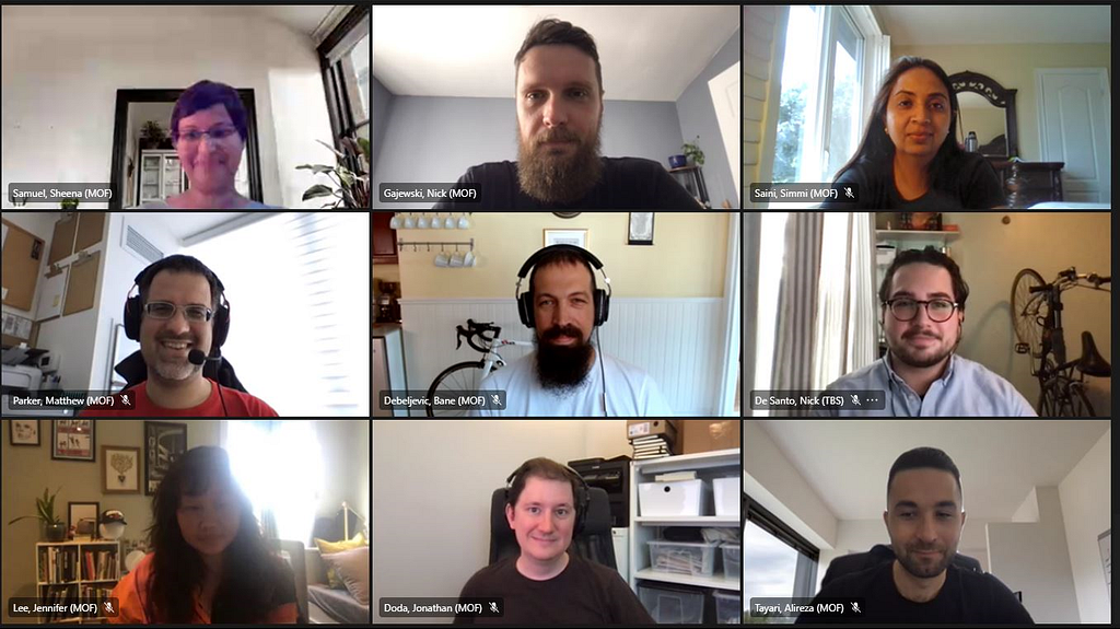 A screengrab of nine members of the the technology chapter taking a call on Teams.