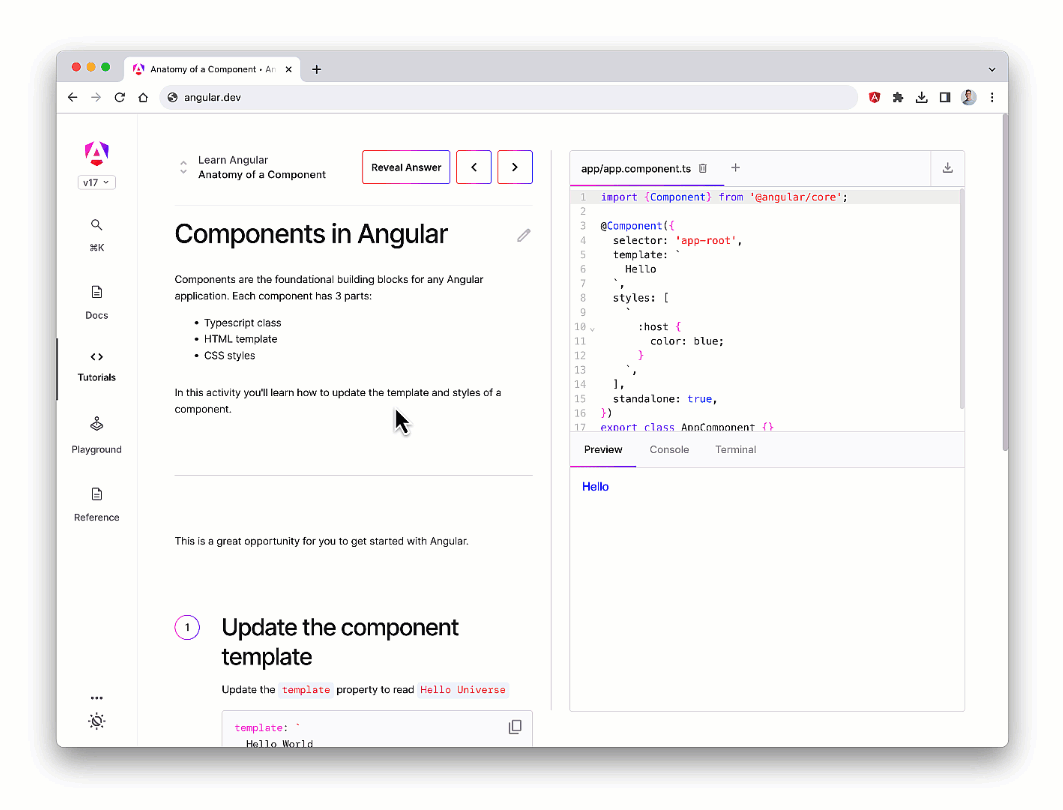 Gif showing the new interactive Angular tutorial using Web Containers.