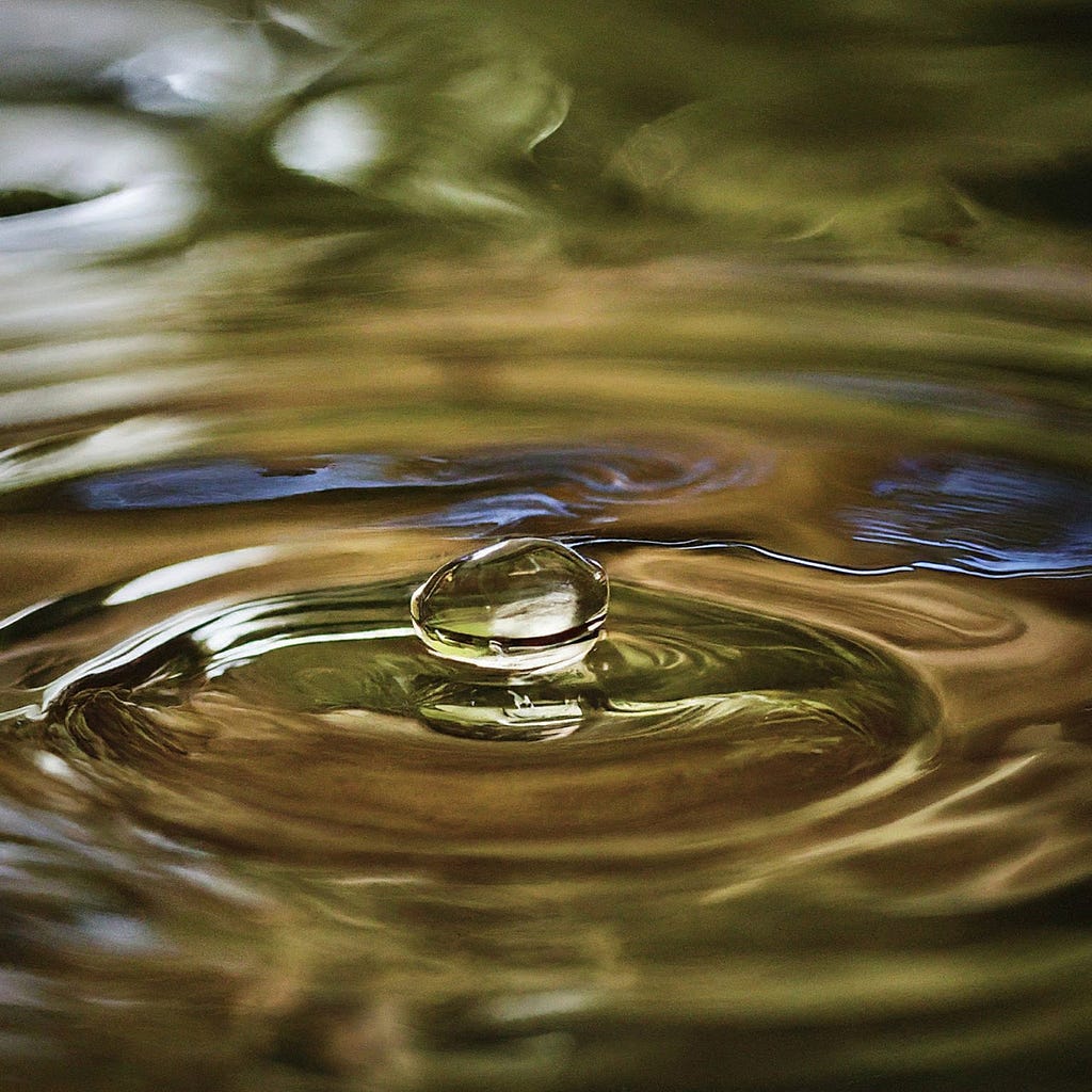 A close-up view of a single water droplet impacting the surface of still water, creating ripples, symbolizing the preciousness of water and the importance of conservation in the context of sustainability.