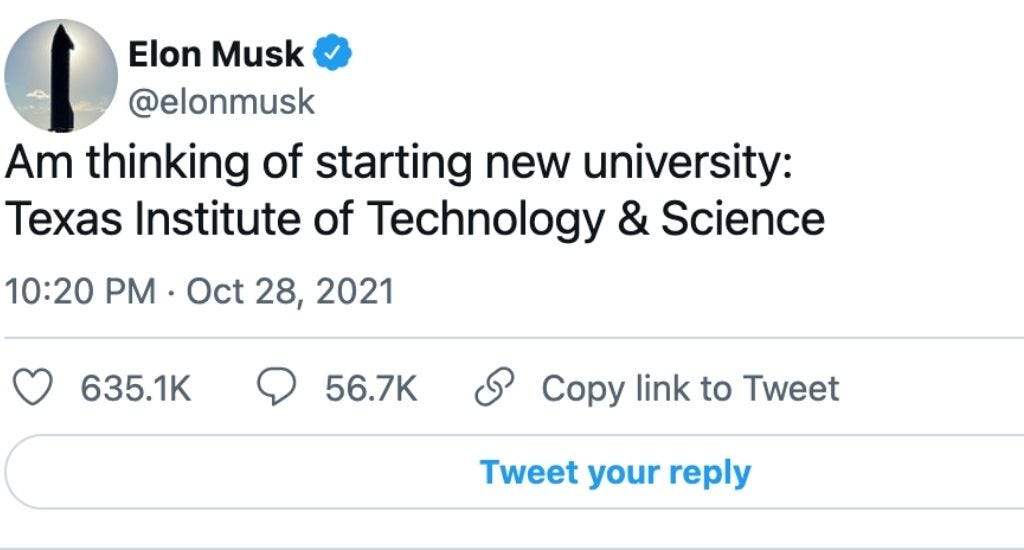 Elon Musk tweeting his university proposal.