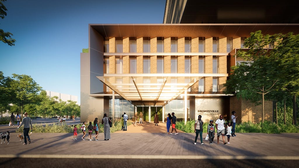 An image in 3D rendering shows an exterior of a modern building surrounded by people and trees.
