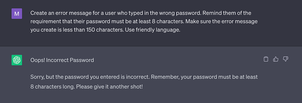 Another AI-generated error message after revisions to the prompt reads: “Oops! Incorrect Password Sorry, but the password you entered is incorrect. Remember, your password must be at least & characters long. Please give it another shot!”