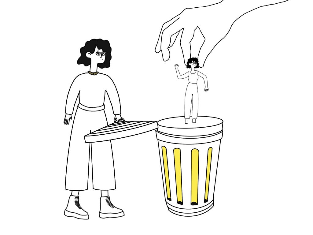 Cartoon person holding a garbage can lid and looking at a smaller person who is held by a hand, dangling over a garbage can