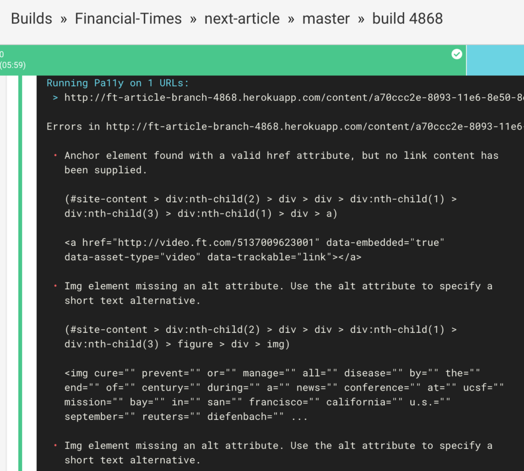 pa11y-ci running on a branch of next-article. Errors are detected.