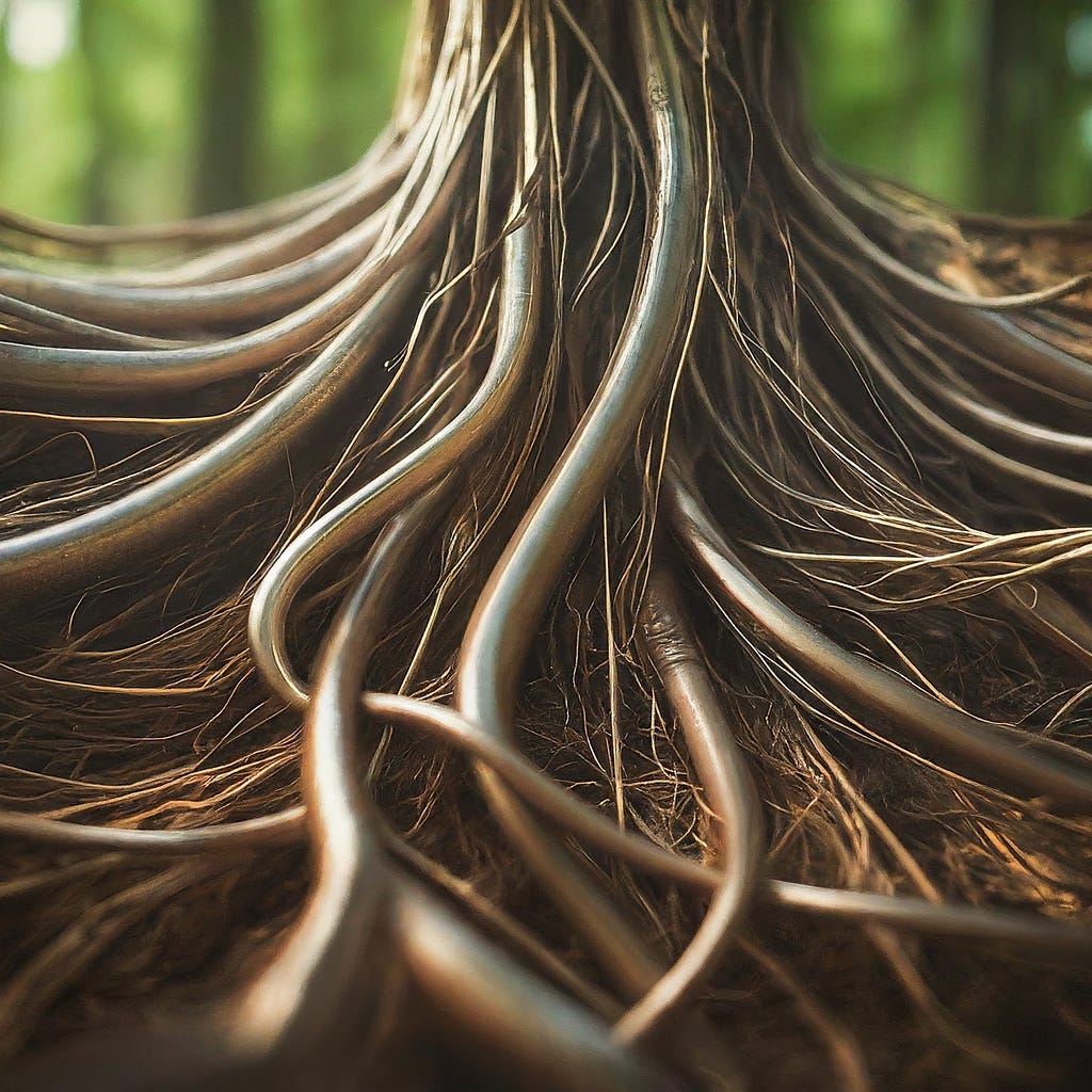 Close-up view of intertwined tree roots symbolizing the intricate connection between sustainability and various career paths.