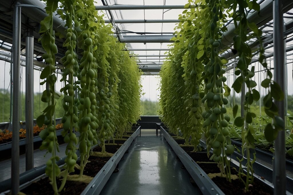 Rows of green peas hanging vertically in a hydroponic greenhouse, with a walkway reflecting light between the rows.