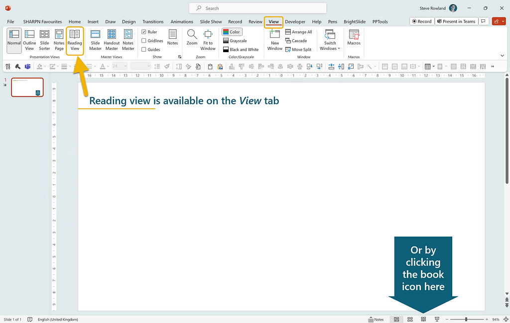 Screenshot of a PowerPoint window highlighting the two places to access Reading View