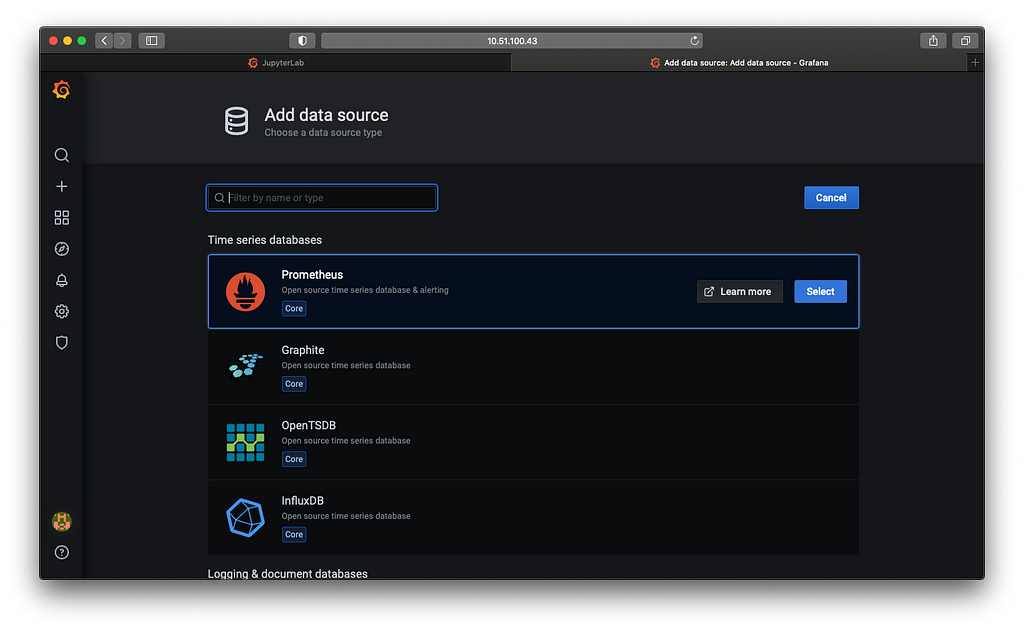 A screenshot of the Grafana add sources page with prometheus selected.