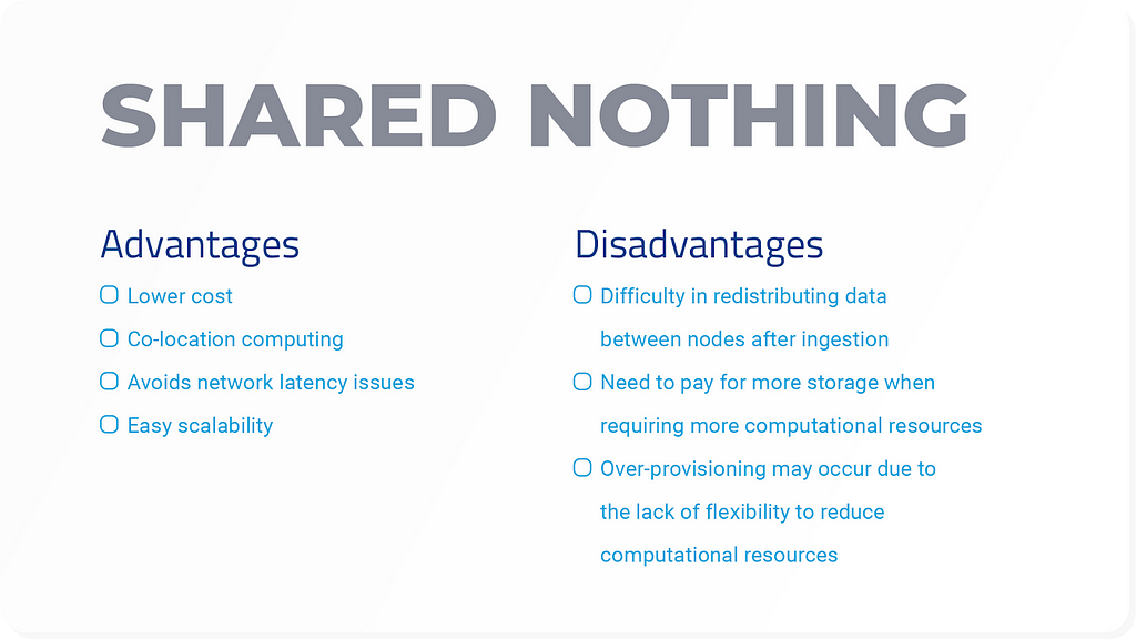 Two tables listing the advantages and disadvantages of Snowflake’s architectures, Shared Disk and Shared Nothing, with the latter having more advantages and fewer disadvantages.