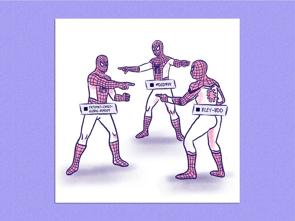 3 costumed Spidermen point at each other. One labeled “Patterns-cards-global-border,” another labeled “#D2D944”, third labeled “BLEY-800”.