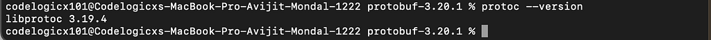 Terminal — confirming protoc installation