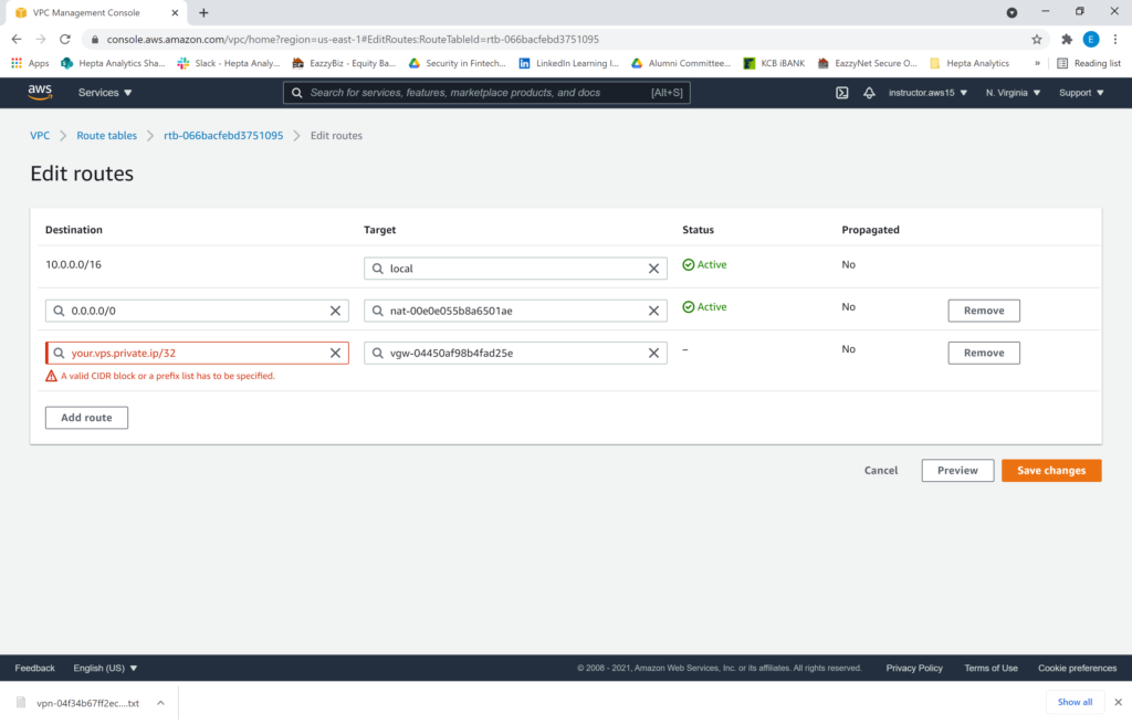 Edit AWS VPC Private Subnet Route table