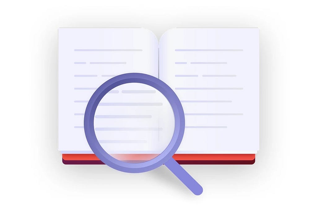 A graphic shows a magnifying glass set against a book.