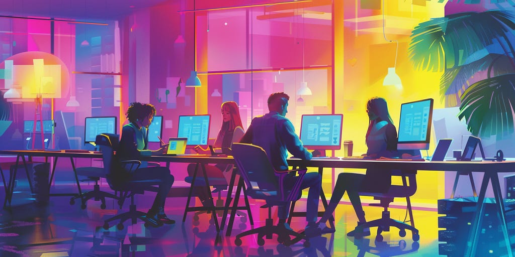Colourful illustration of 4 adults working at computer screens in a colourful office