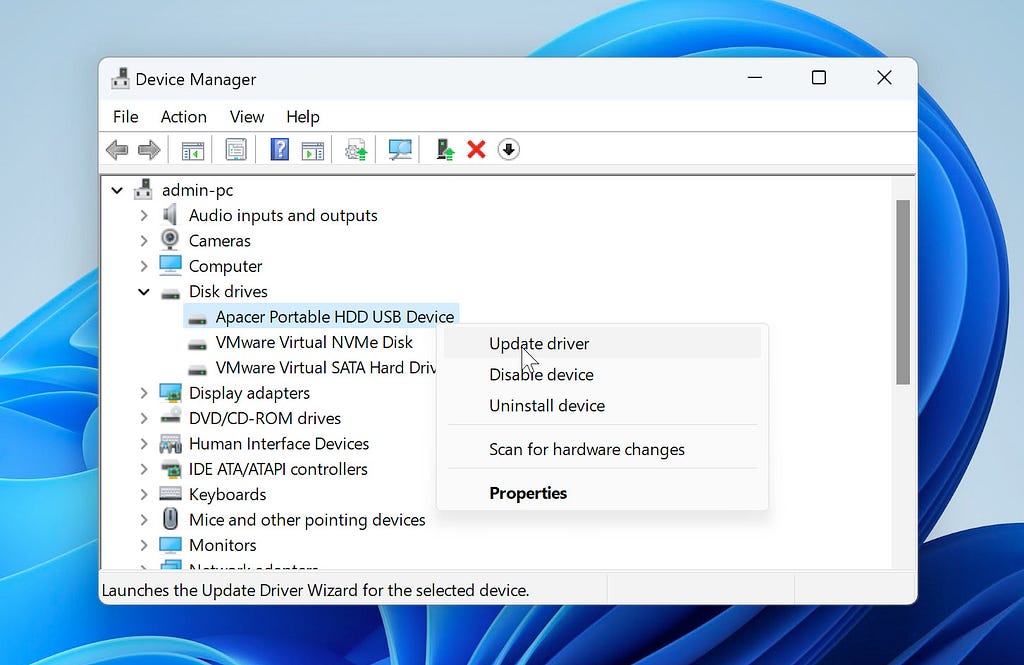 ‘Update driver’ in Device manager