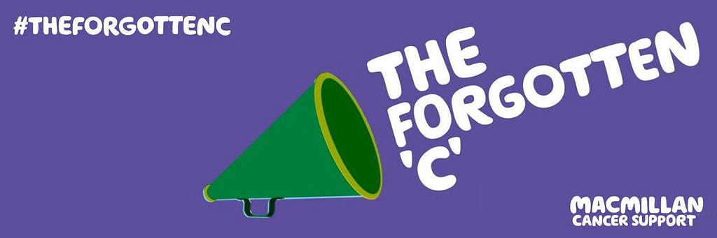 Purple banner, with green megaphone, our of which are the words ‘The Forgotten C’