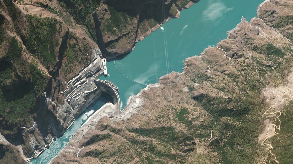 off nadir satellite image of jinping-1 dam in China