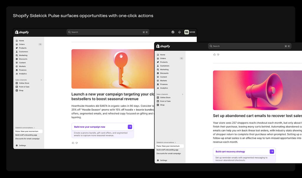 Two Shopify home screens showing proactive Sidekick suggestions — one recommending a new year campaign for bestselling hoodies with $487k revenue data, another suggesting abandoned cart email recovery for 257 monthly shoppers who don’t complete checkout.