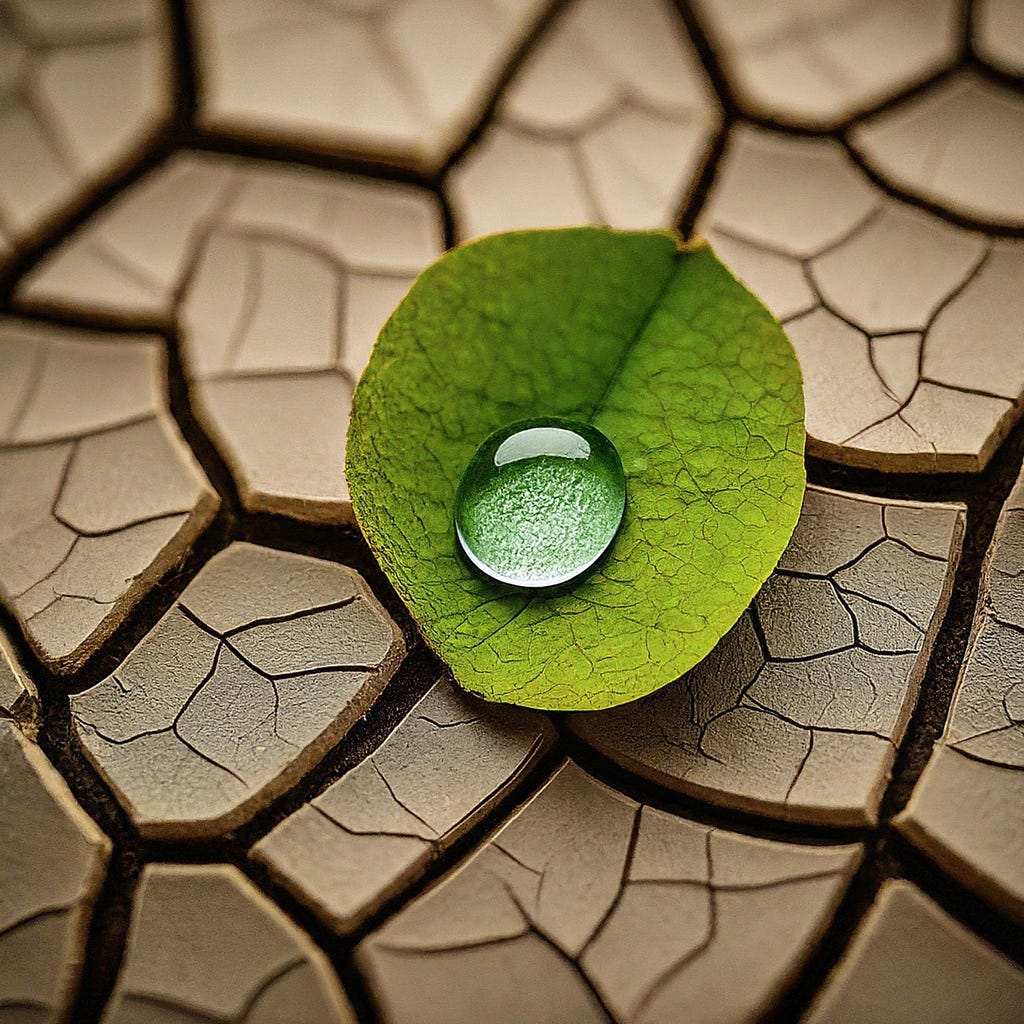 A vibrant green leaf with a clear, glistening water droplet resting on it, placed on a cracked and dry surface, symbolizing resilience and the importance of water conservation in the context of sustainability.