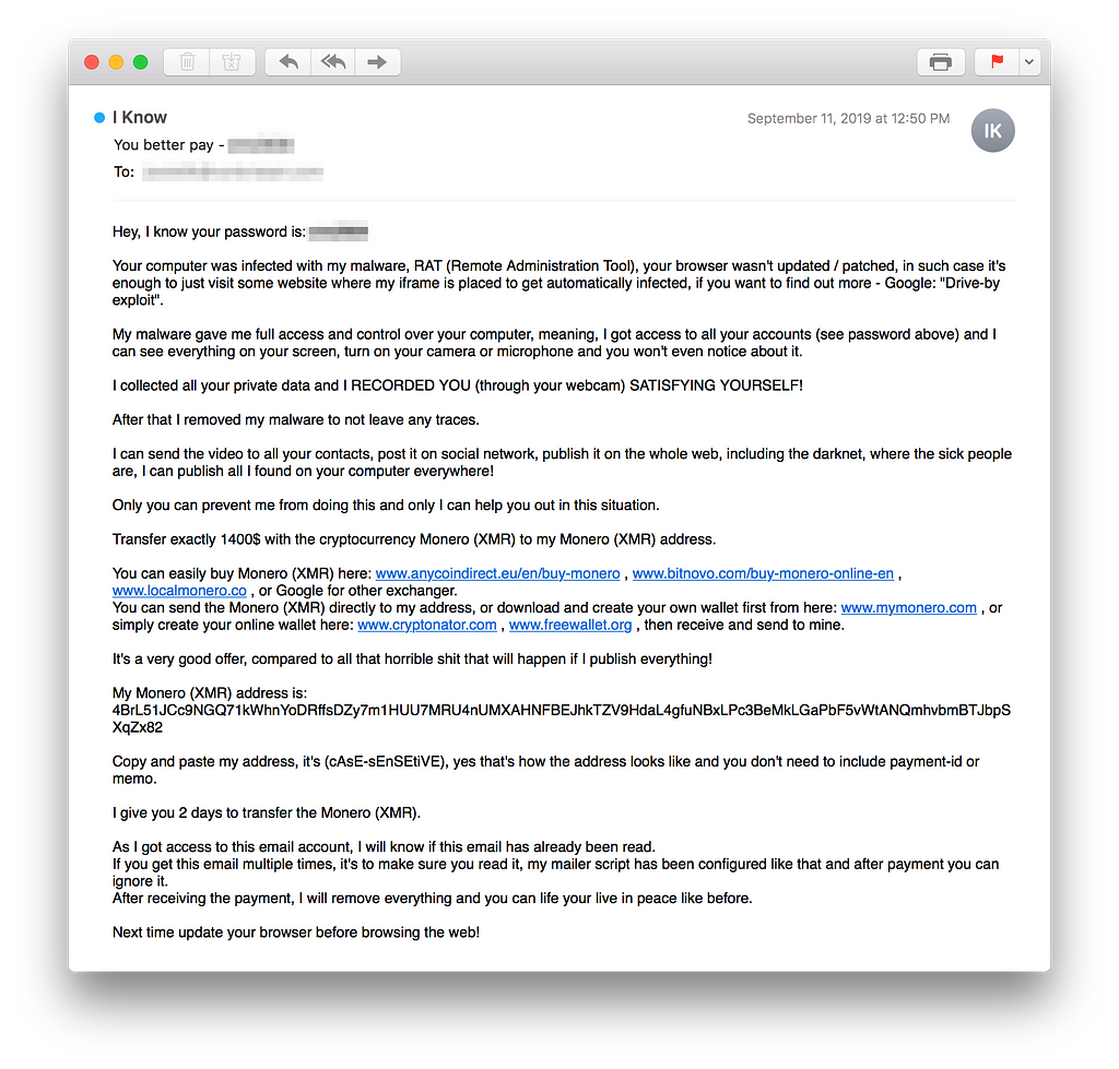 Email scam example demanding cryptocurrency ransom.