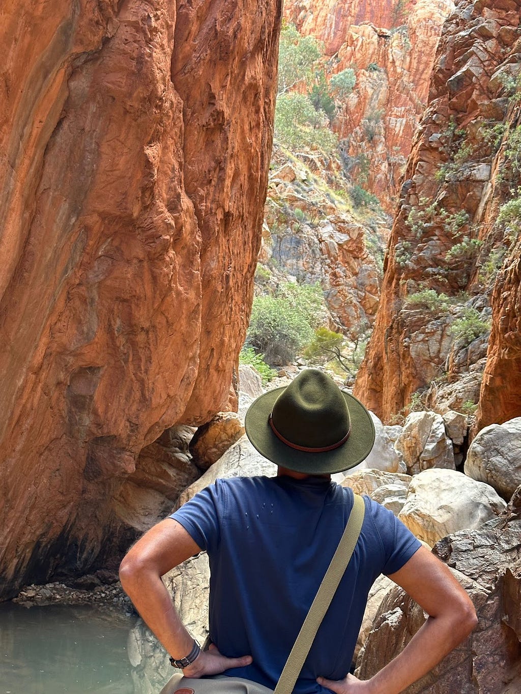 Valley of red rocks with a man photographed from behind with hands on hips. Navy blue t-shirt, bag crossed over right shoulder and green felt fedora.