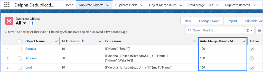 Screenshot of where Salesforce Admins can set the AI threshold to automate duplicate merges for each Object.